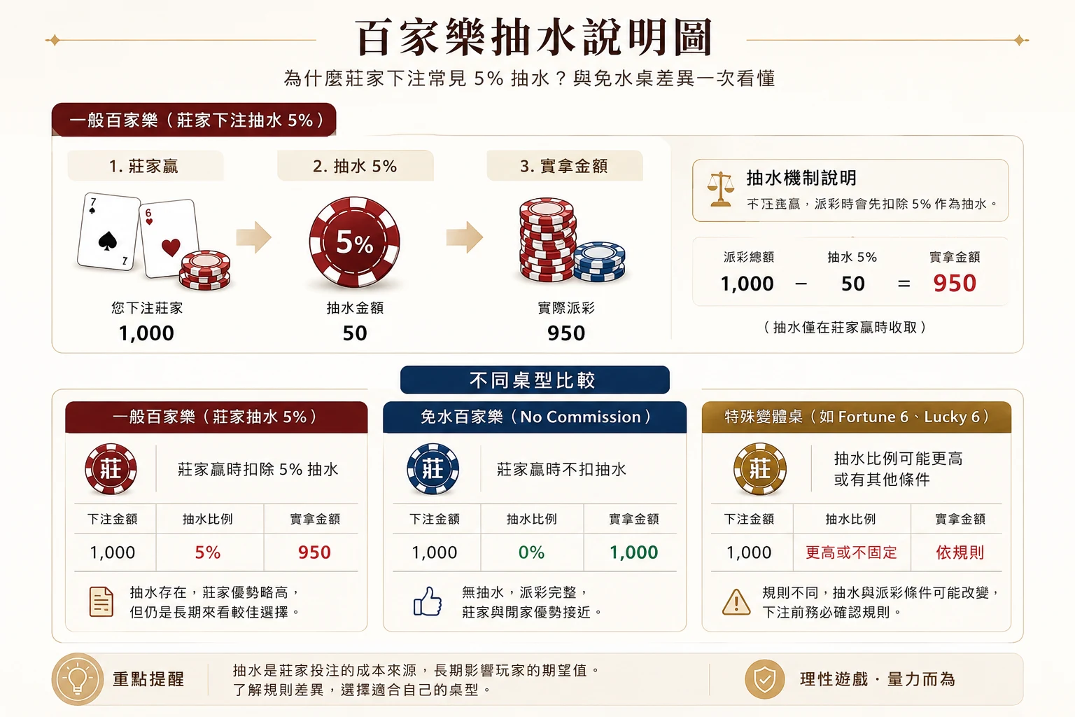百家樂抽水說明圖，解釋一般百家樂莊家下注贏時會先扣 5% 抽水，以及免水百家與變體桌差異