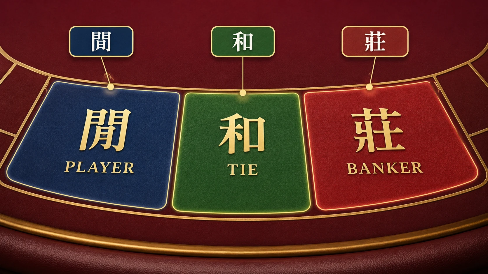 百家樂莊閒和區塊標註圖，幫助新手認出 Player、Tie、Banker 三個主下注區