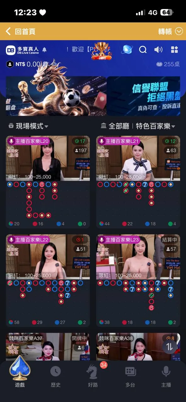 DB 真人百家手機大廳真實截圖,可觀察手機館別列表、主持桌卡與好路資訊